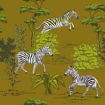 Safari ink drawn palm trees,  zebra animal summer floral seamless pattern mustard background. African savanna wallpaper.