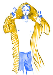 Ukraine yellow blue Watercolor Fashion girl in sketch-style. illustration. - 511029646