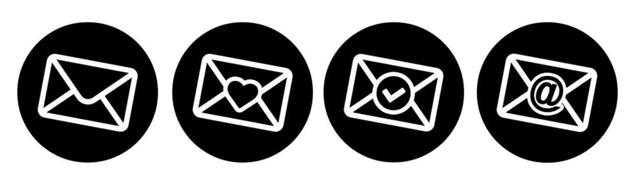 Envelope round buttons. Heart, mail, newsletter and check icon. Vector illustration.