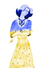 Ukraine yellow blue Watercolor. Elegant lady. Vintage llustration .watercolor