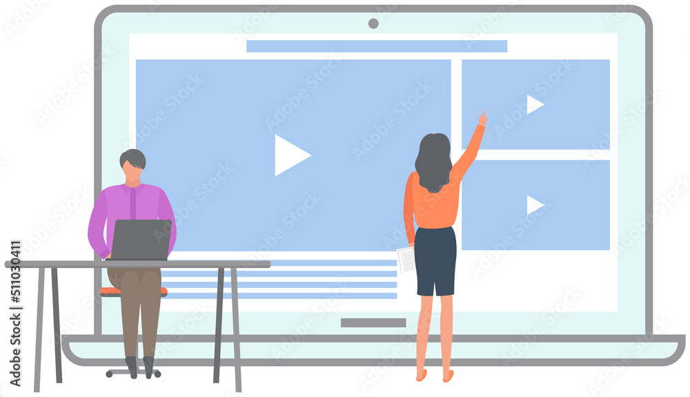 Poster lady turns on player to view lesson or video. people uusing website with movie or training courses. 