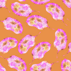 Image of Watercolor seamless pattern with colorful abstract tropical leaves. Bright summer print with exotic plants. Creative trendy botanical textile design. printed on Printed Glass Basin Splashbacks