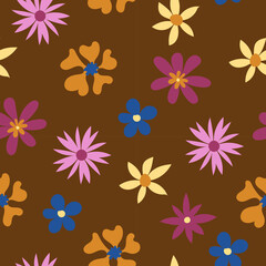 Seamless pattern with flowers. Pattern in the style of the 70s. Cute flowers in a flat style.