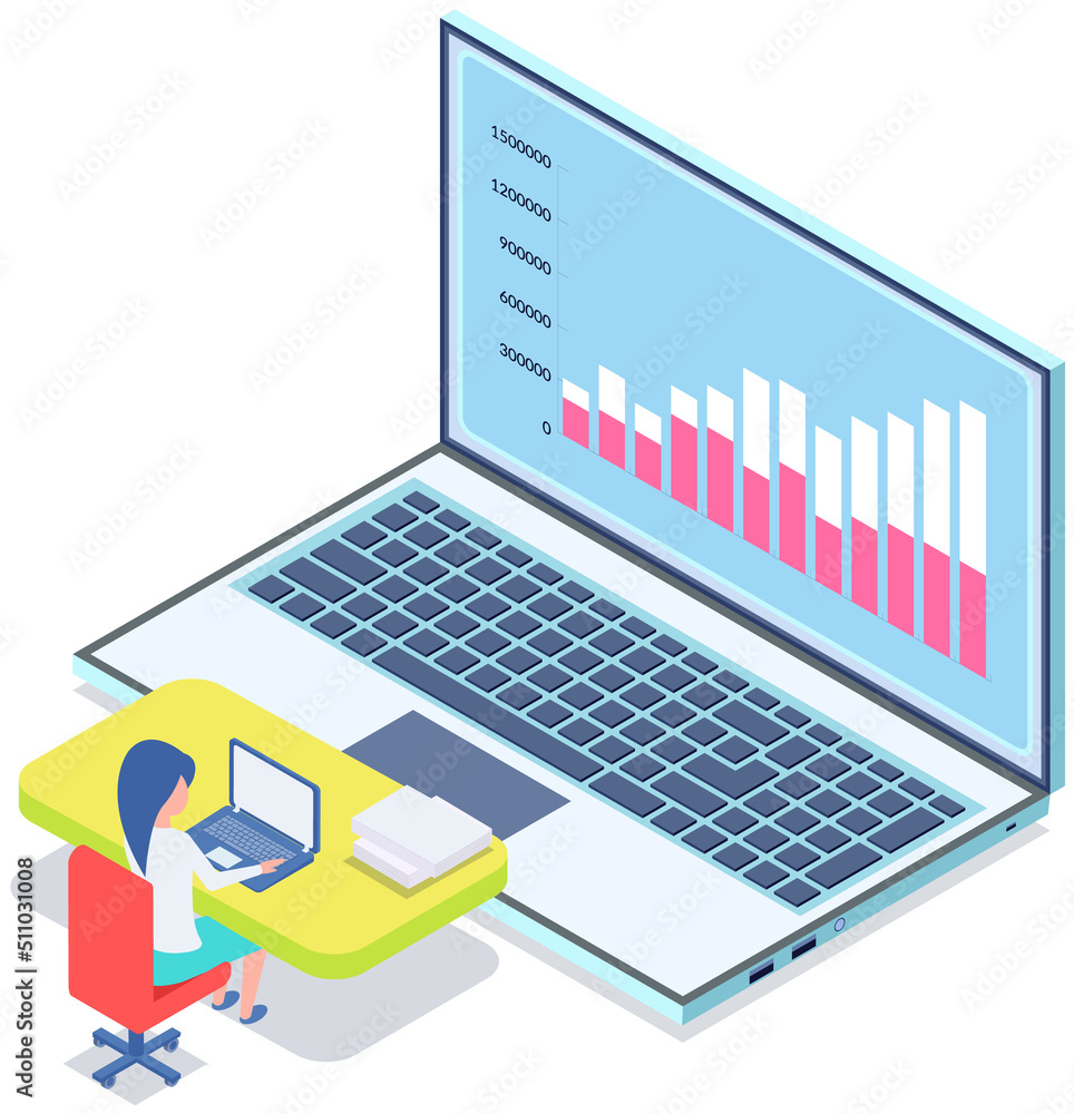 Poster analytics and development statistics. web analysis measure, product testing technology. woman analys