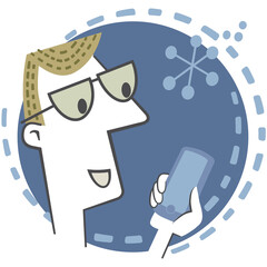 Young man looking at mobile phone. Retro style banner with a young man with glasses looking at his mobile phone.