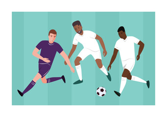 Three players on the green football field during the match play the ball on the field.