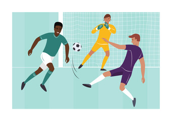 The football player kicks the ball into the opponent's goal, and the goalkeeper catches the ball, the defender is nearby. Three soccer players on the field. Card.