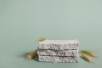 Product podium and grungy concrete stone, dry bent plant in foreground. Minimal background green...