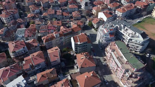 View from a height of the city of Pomorie with many cars, houses and hotels