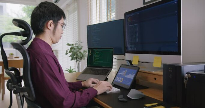 Digital transformation future workforce web DEV career development. Asia people young talent man busy work at home office reskill upskill martech job remote test on AI cloud computing cyber security.