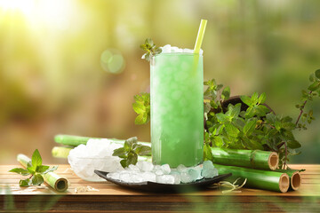 Natural iced mint drink on table in the woods