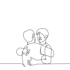 man hugs another in disgust - one line drawing vector. concept hide true face, hate relative, hypocrite, deceiver