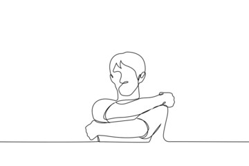 man hugging himself - one line drawing vector. concept self help, self rescue, self reflection, help yourself