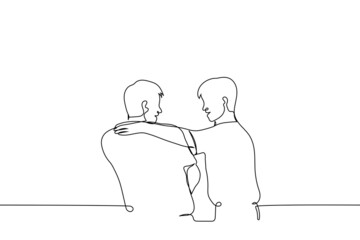 meeting friends - one line drawing vector. concept of men hugging and smiling at each other