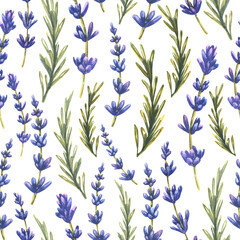 Twigs and leaves of lavender flowers. Watercolor, seamless pattern on a white background. From a large set of LAVENDER SPA. For fabric, textiles, prints, wallpaper, covers, packaging, paper, scrap