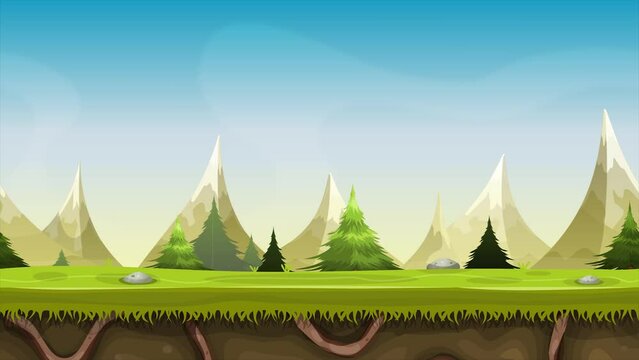 Seamless Mountains Landscape Animation/
Seamless looped animation of a cartoon summer or spring mountain landscape, with grass, roots, pine trees and firs