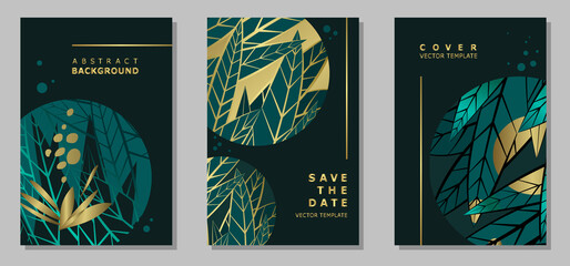 Set of templates with leaves on a dark green background. Group of vertical covers with space for text. Plant elements and leaves in gold and emerald colors. Vector illustration.