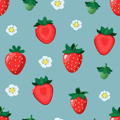Seamless vector pattern with juicy strawberries and flowers. Vector illustration on a gray-blue background.