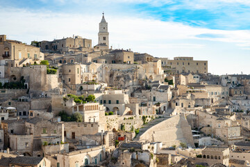 Stunning view of the Matera’s skyline during a beautiful sunny day. Matera is a city on a rocky outcrop in the region of Basilicata, in southern Italy.