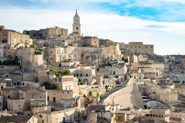 Fototapeta na wymiar Stunning view of the Matera’s skyline during a beautiful sunny day. Matera is a city on a rocky outcrop in the region of Basilicata, in southern Italy.