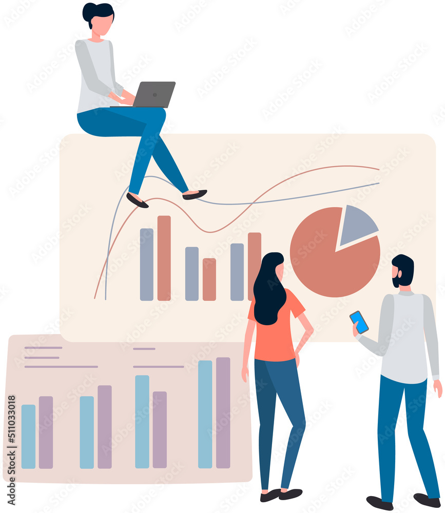 Poster manager makes presentation of statistical report analysis charts. planning business. teamwork consul
