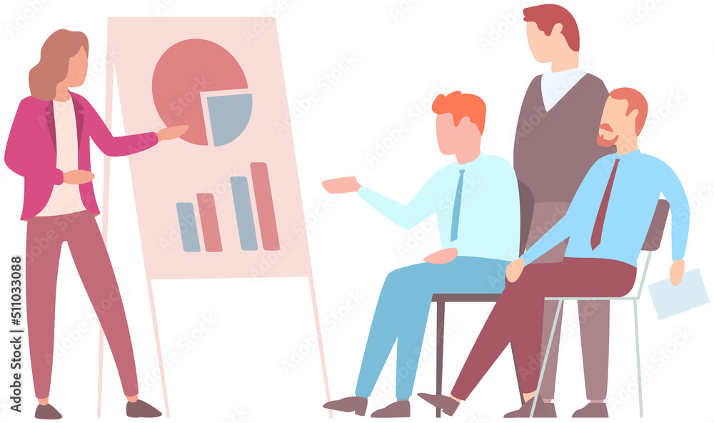 Poster manager makes presentation of statistical report analysis charts. planning business. teamwork consul