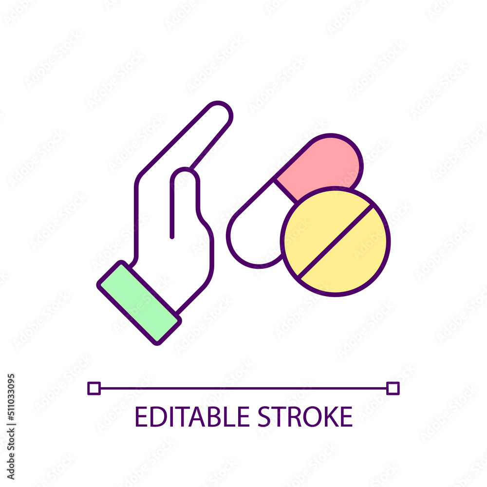 Sticker Medication refusal RGB color icon. Disposing medicines. Declining medical treatment. Negative attitude. Isolated vector illustration. Simple filled line drawing. Editable stroke. Arial font used