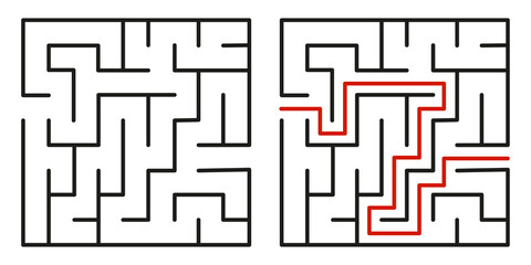 Abstract maze. Find right way. Isolated simple square maze black line on white background. Vector illustration.
