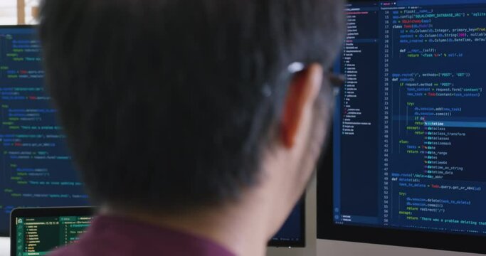 Digital transformation future workforce web DEV career development. Asia people young talent man busy work at home office reskill upskill martech job remote test on AI cloud computing cyber security.