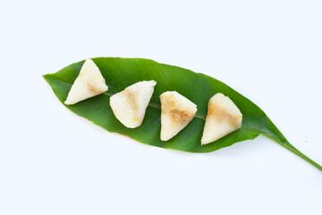 Grilled sticky rice in banana leave with mung beans filling