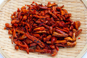 Fried Chili, Spicy snack on white background.