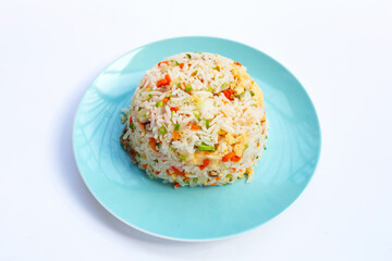 Fried rice in blue plate on white background.