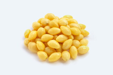 Boiled ginkgo nuts on white background.
