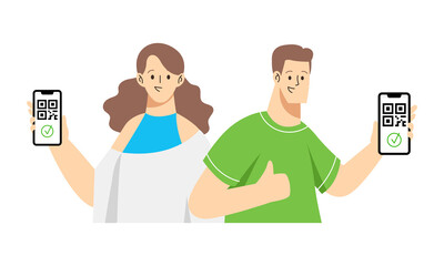 Vaccinated man and woman using digital health passports. Immunization certificate with qr code on device screen. Digital sanitary pass, vaccine passport. Travel permit.