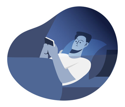 Unhappy tired man lying in bed with smartphone. Character suffer from insomnia use cellphone device. Upset exhausted guy struggle on sleepless night brose smartphone. Vector illustration