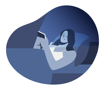Unhappy tired woman lying in bed with smartphone. Character suffer from insomnia use cellphone device. Upset exhausted guy struggle on sleepless night brose smartphone. Vector illustration
