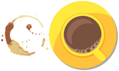 Coffee or tea stain, splashes and drops near cup of hot drink. High quality abstract texture for menu, bar, cafe, restaurant. Ink, paint or other liquid stain and mug with cappuccino coffee