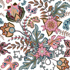 Seamless pattern with fantasy flowers, natural wallpaper, floral decoration curl illustration. Paisley print hand drawn elements. Home decor.