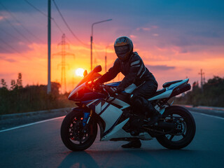 A male biker on a motorcycle on an empty road. Colorful summer sunset.
