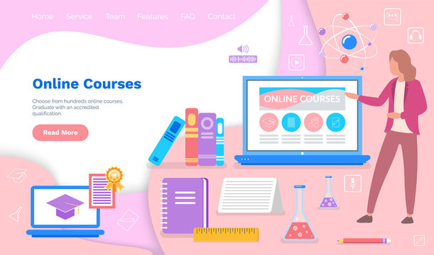 Laptop With Educational Website. Free Online Certificate Courses, Business School, Studying Via Internet Concept. Webpage Template, Landing Page. Woman Presents Program For Distance Learning