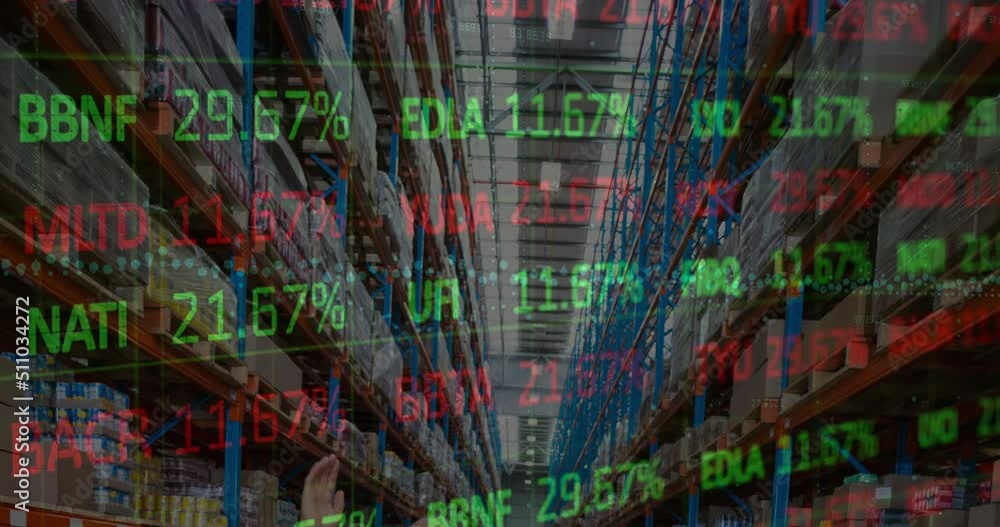 Wall mural Animation of stock market and financial data processing over empty warehouse