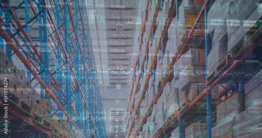 Poster animation of financial data processing over empty warehouse