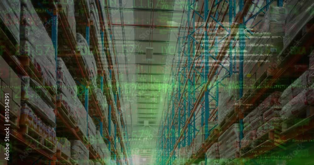 Aufkleber animation of financial data processing over empty warehouse