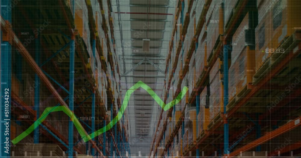 Aufkleber animation of financial data processing over empty warehouse