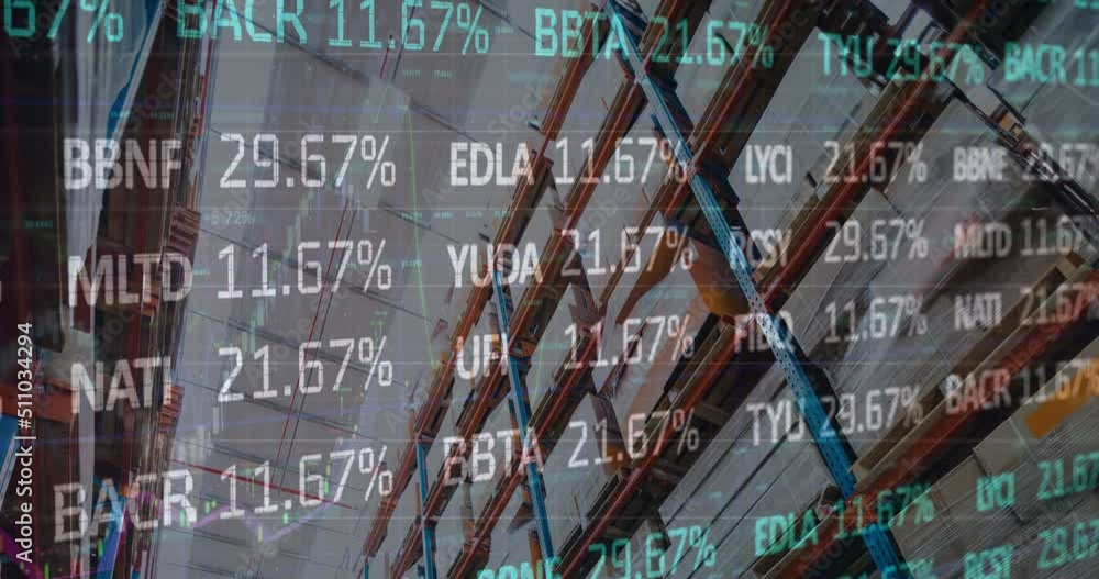 Poster animation of stock market and financial data processing over empty warehouse