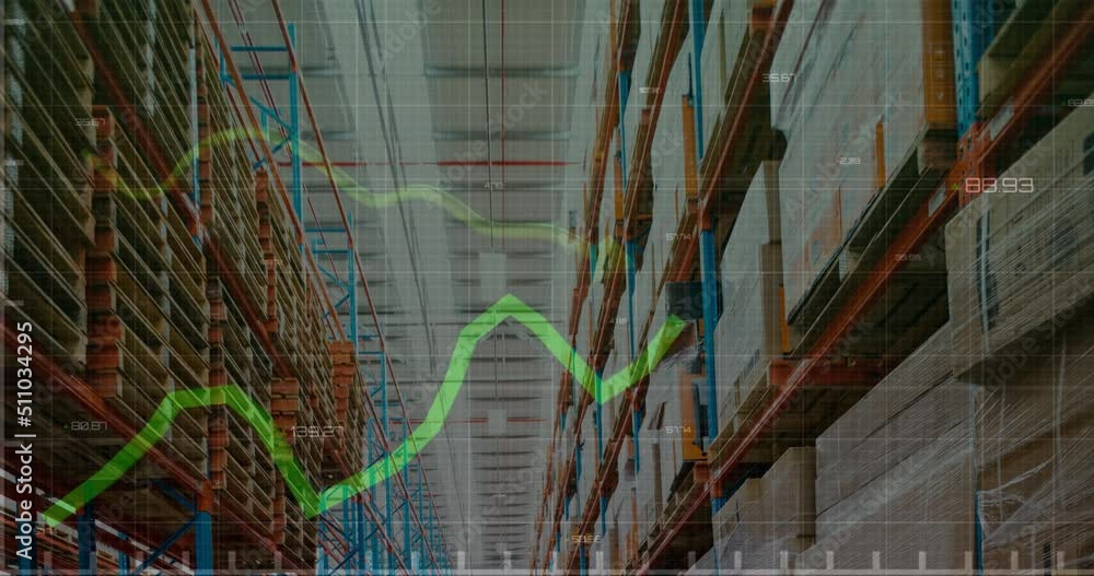 Aufkleber animation of financial data processing over empty warehouse