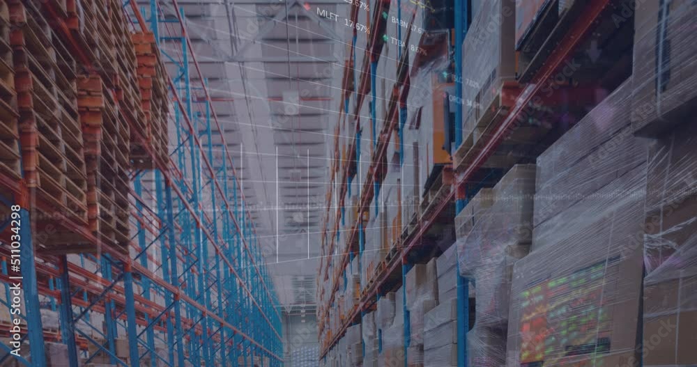 Poster animation of financial data processing over empty warehouse