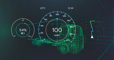 Animation of car interface over digital lorry model on black background - Powered by Adobe