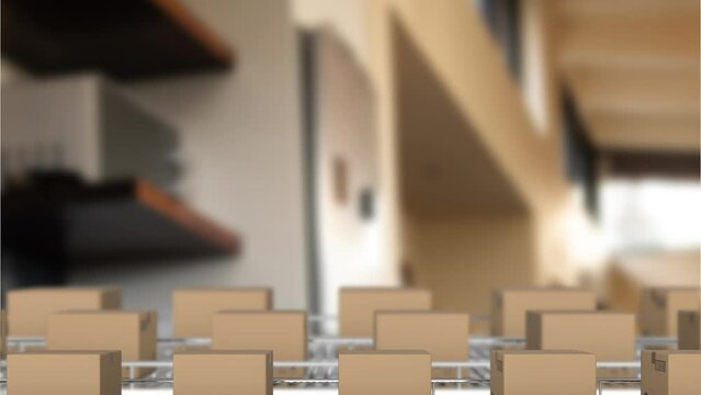 Animation of boxes on conveyor belts in warehouse