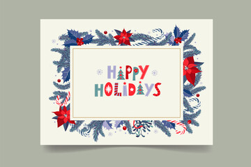 Christmas decorative frame made of festive elements with wishes for happy holidays